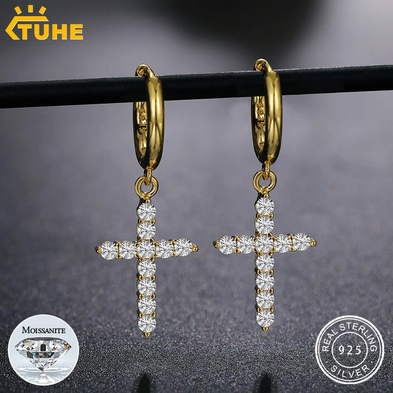 Religion Women Moissanite Cross Earrings 925 Sterling Silver