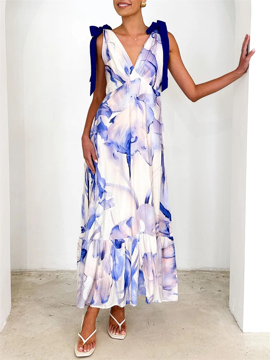 Elegant Floral Print Sleeveless V Neck Maxi Dress with Open Back and Spaghetti Straps