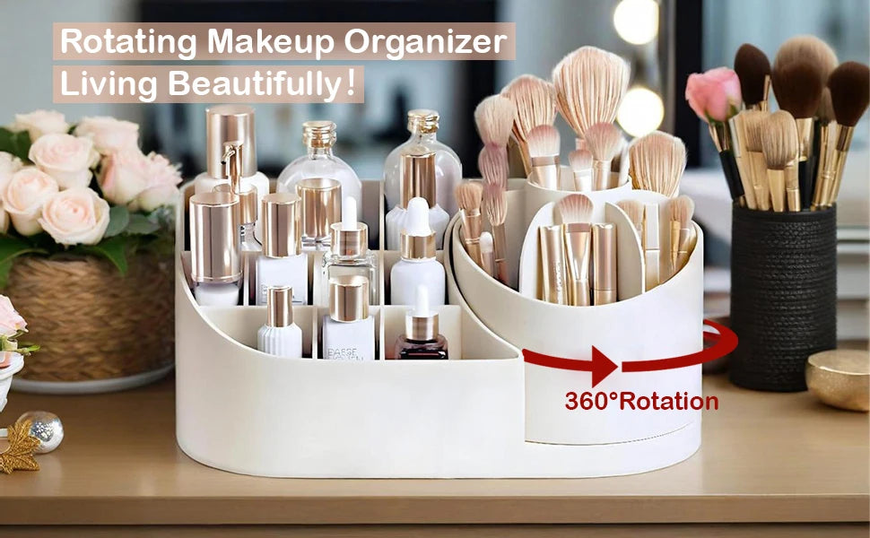TLXT Makeup Organizer Countertop With Rotating Brush Holder