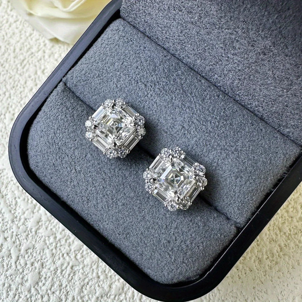 S925 Sterling silver Moissanite earrings, 1 carat square design,