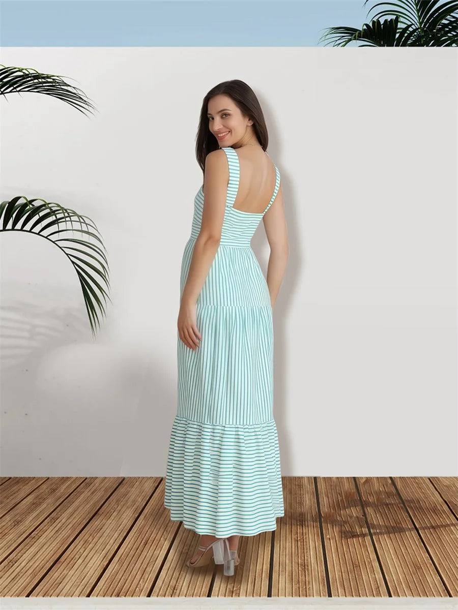 Elegant Floral Print Sleeveless Maxi Dress with Ruffled Hemline for Women