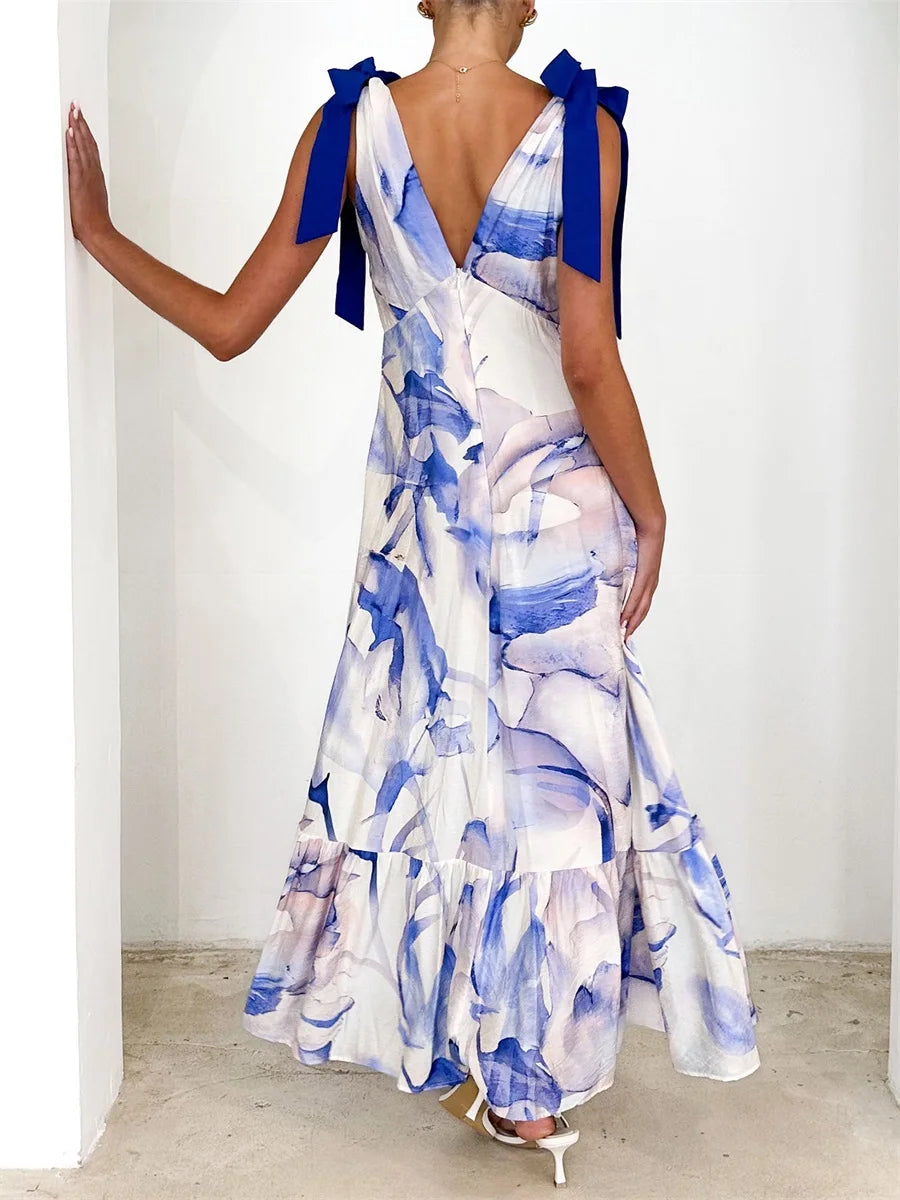 Elegant Floral Print Sleeveless V Neck Maxi Dress with Open Back and Spaghetti Straps