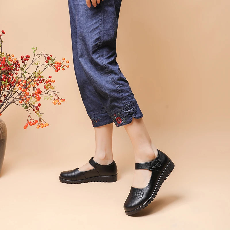 Floral Embroidered Women's Work Flats With Adjustable Strap