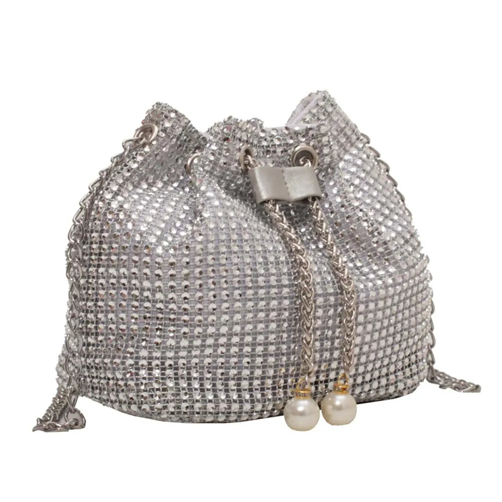 Women Glittering Satchel Bag Solid Color Rhinestone Shinny Sling Purse Drawstring Bling Bucket Bag Female Dating Bag
