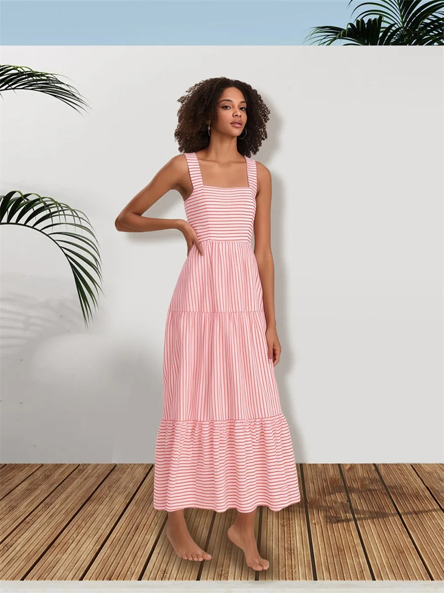 Elegant Floral Print Sleeveless Maxi Dress with Ruffled Hemline for Women
