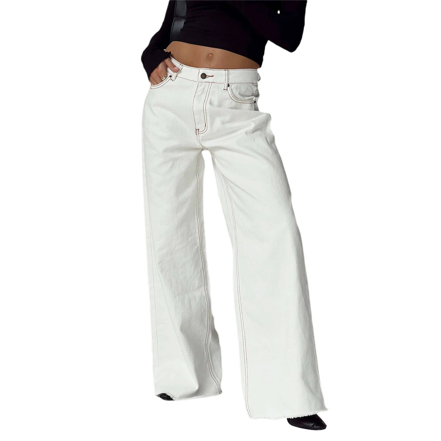 Women Wide Leg Jeans Loose Fit Trousers Casual Denim