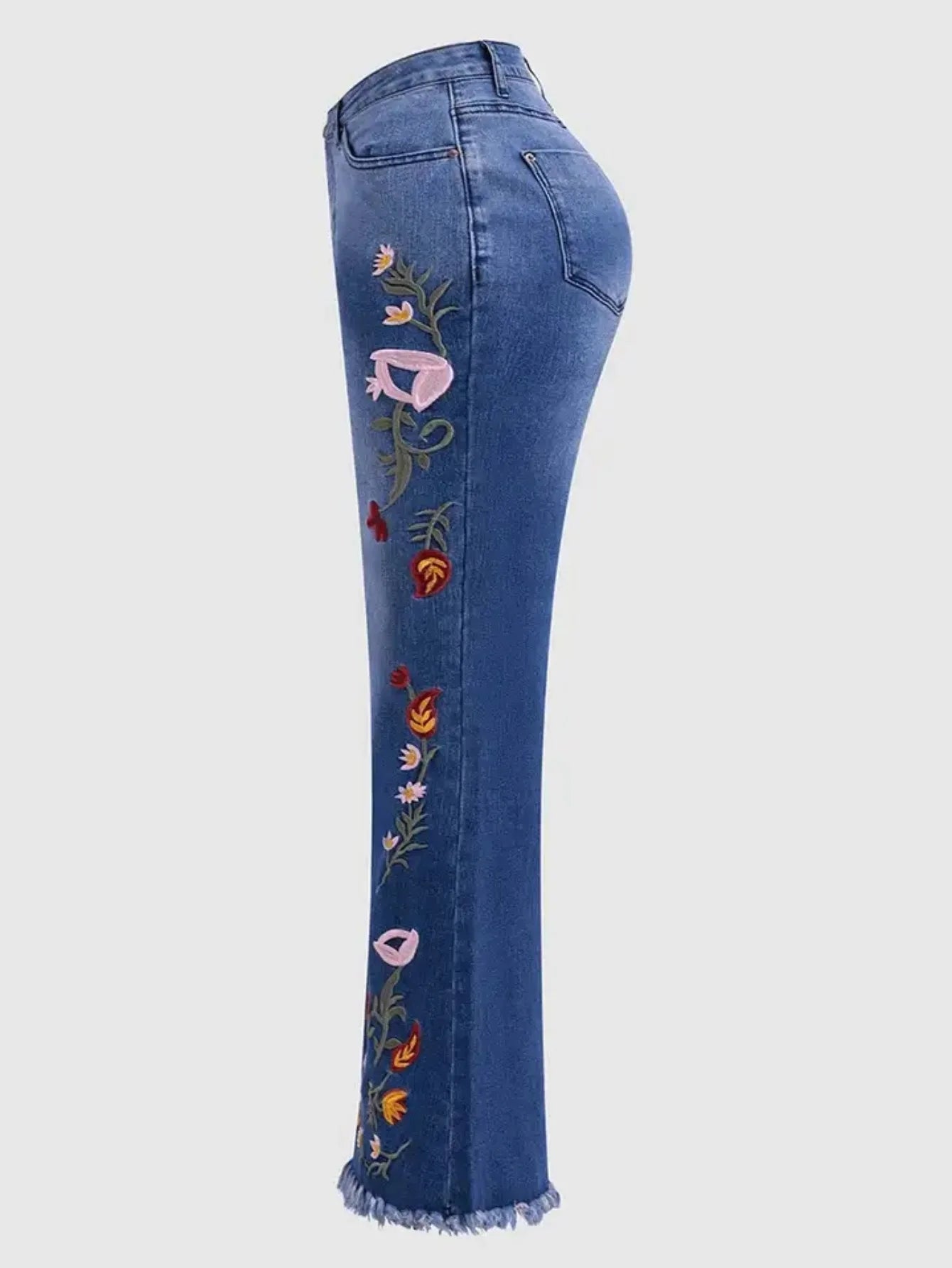Floral Print High Waist Stretch Denim Flare Slim Fit