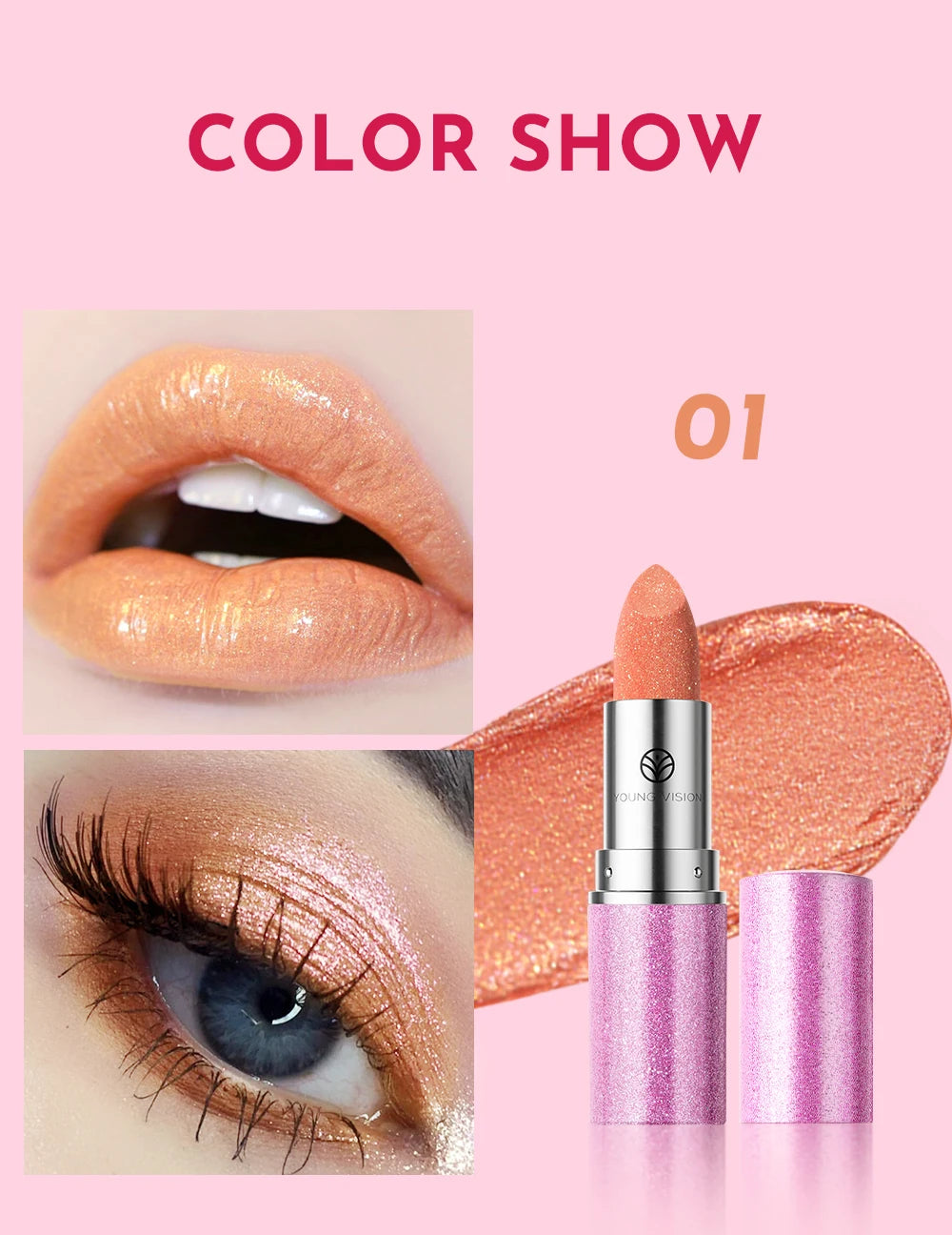 YOUNG VISION 6 pearlized shimmer lipsticks and eyeshadows