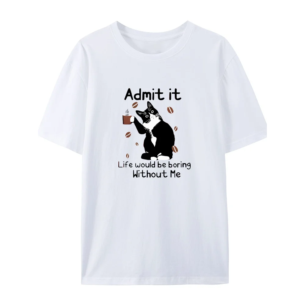 Cat Printed Animal Patterns Tees Simple Women's Round Neck Cotton T-Shirt