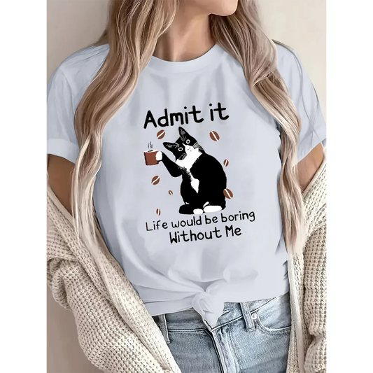 Cat Printed Animal Patterns Tees Simple Women's Round Neck Cotton T-Shirt