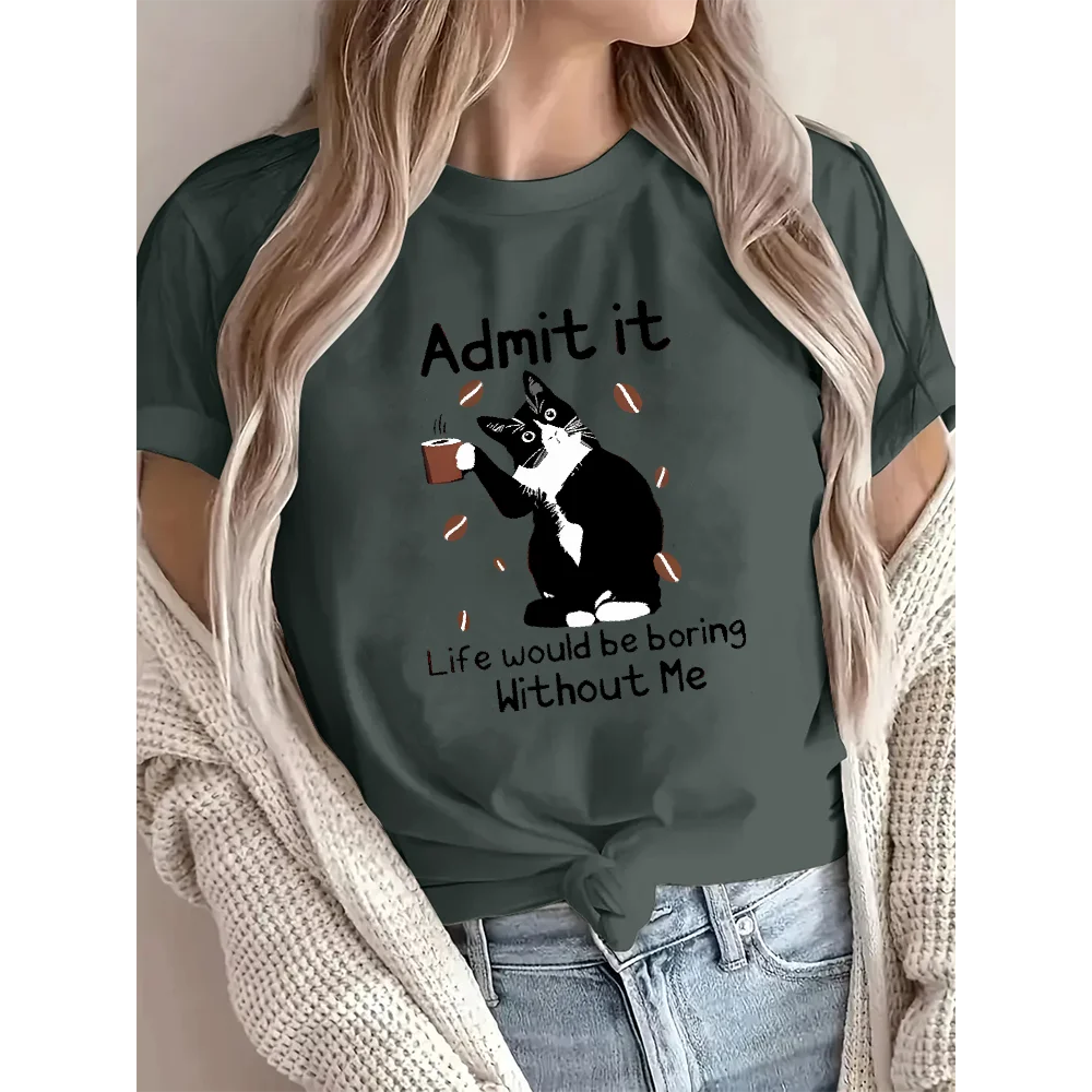 Cat Printed Animal Patterns Tees Simple Women's Round Neck Cotton T-Shirt