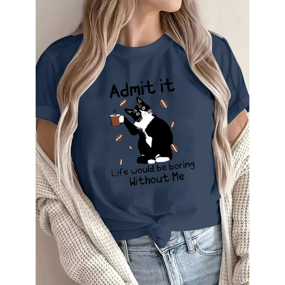Cat Printed Animal Patterns Tees Simple Women's Round Neck Cotton T-Shirt