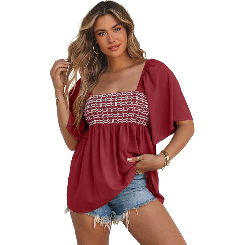 Summer Casual Square Neck Short Sleeve T-Shirt Women