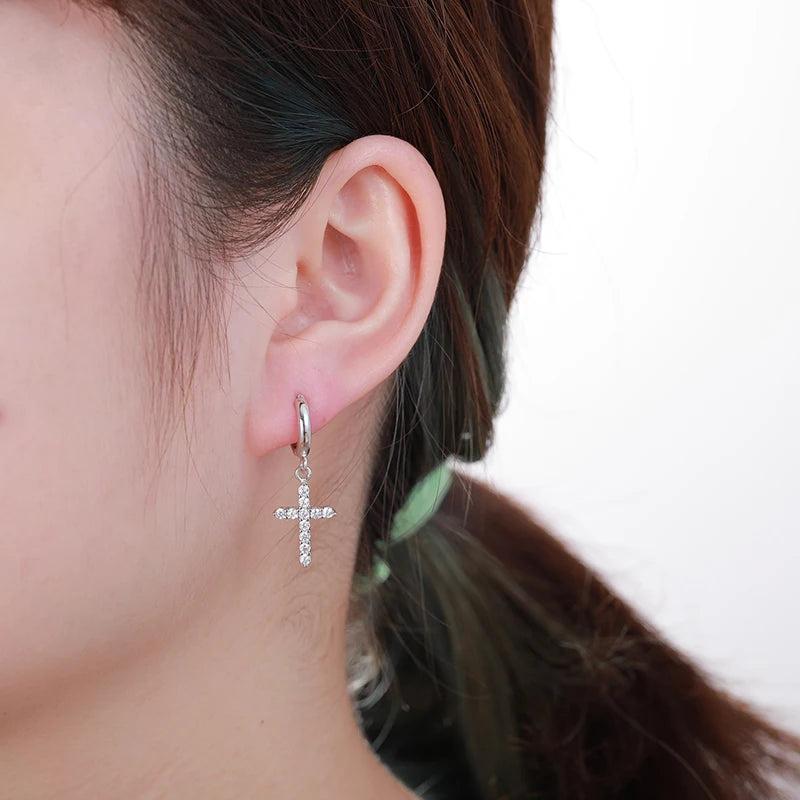 Religion Women Moissanite Cross Earrings 925 Sterling Silver
