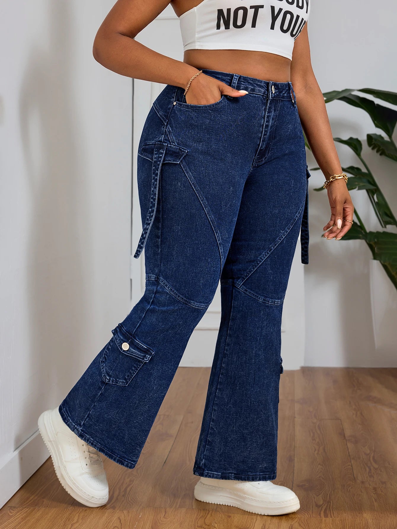 Women High Waist Slim Fit Cargo Jeans With Stretch