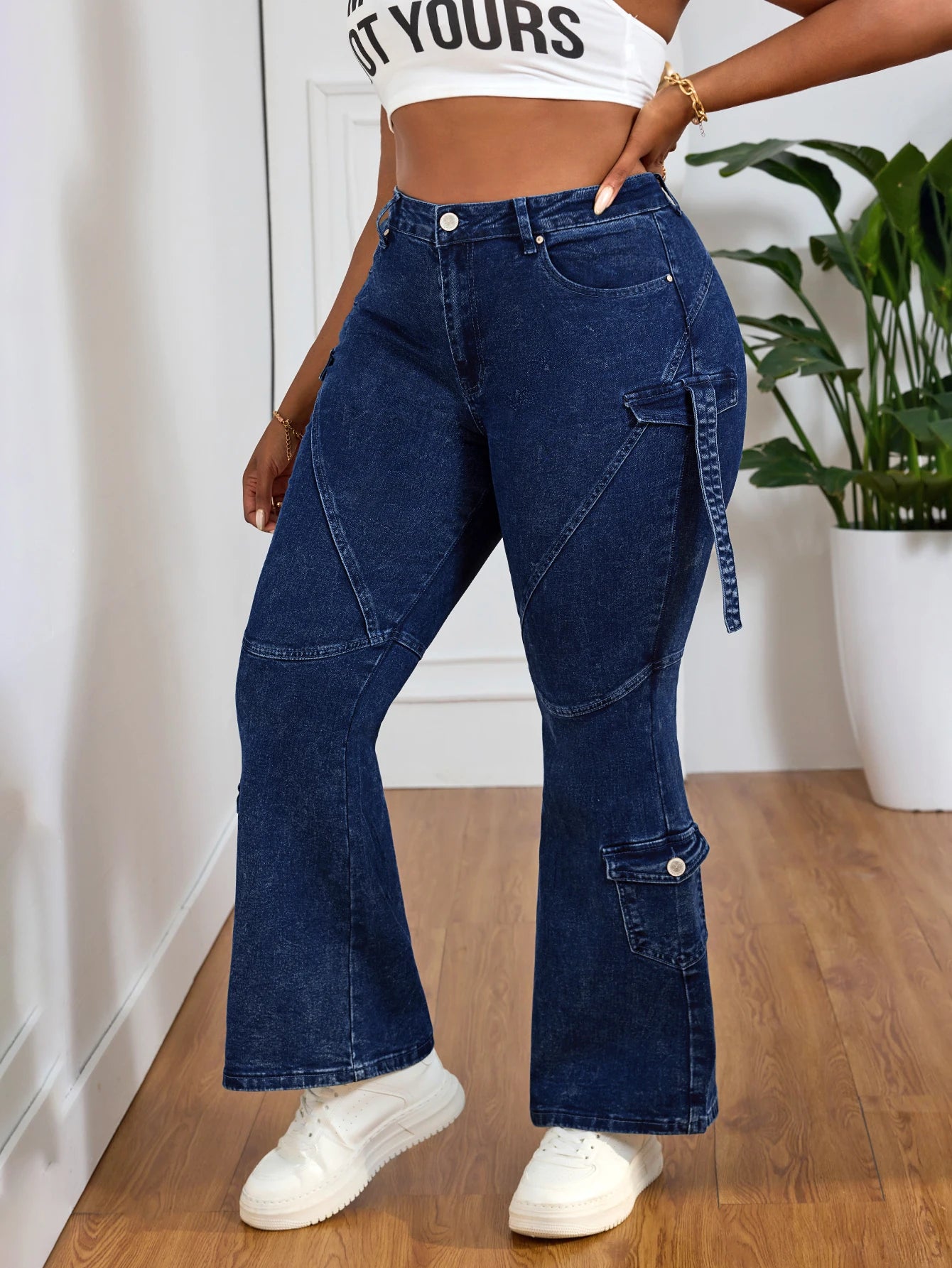 Women High Waist Slim Fit Cargo Jeans With Stretch
