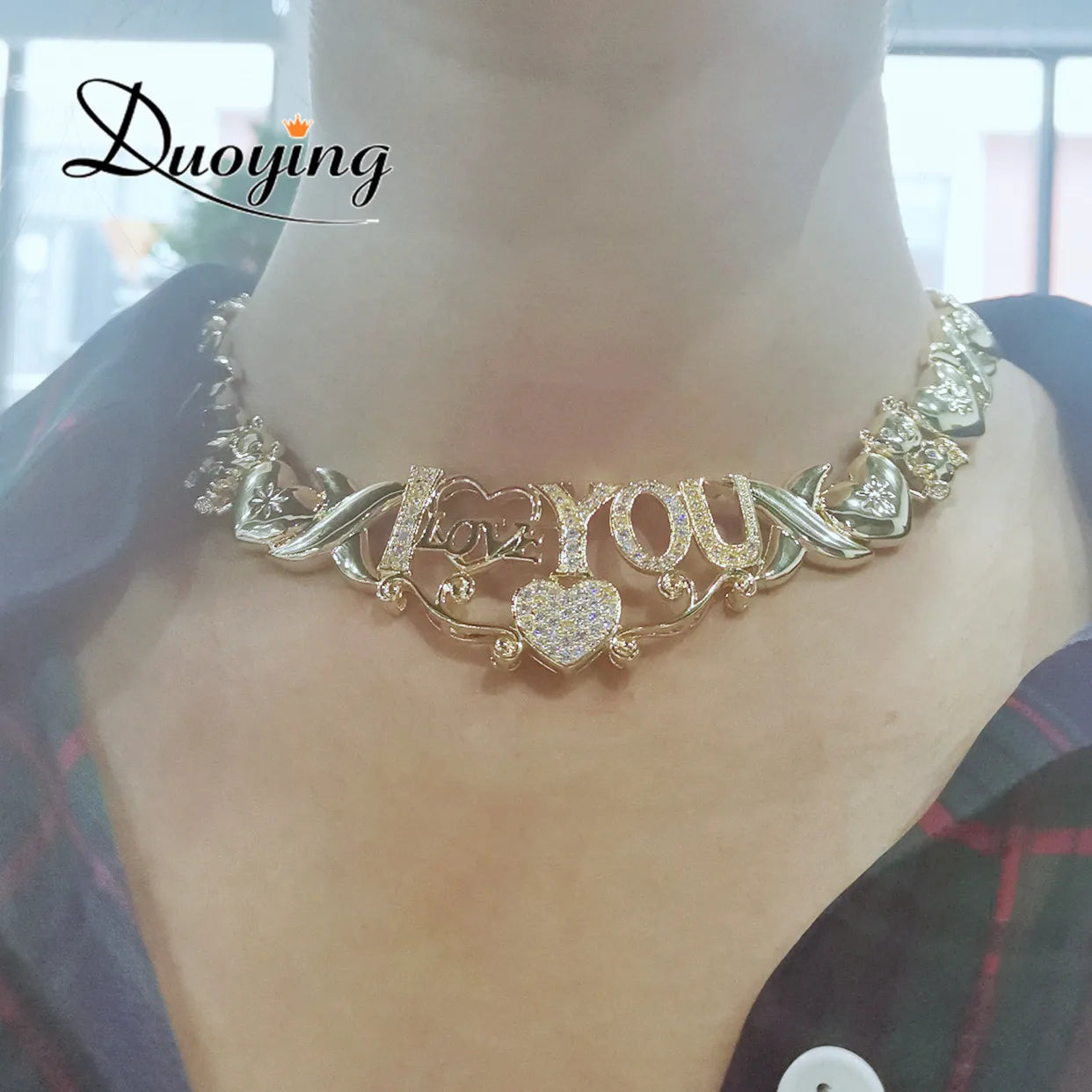 DUOYING Heart Charm Letter Choker Zircon Pave Necklaces I Love You Crystal XOXO Necklace Bubble Pendant Necklace Jewelry Set