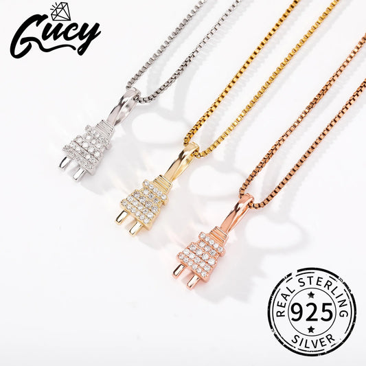 GUCY 925 Sterling silver Women Iced Out Bling Plug Pendant Necklace