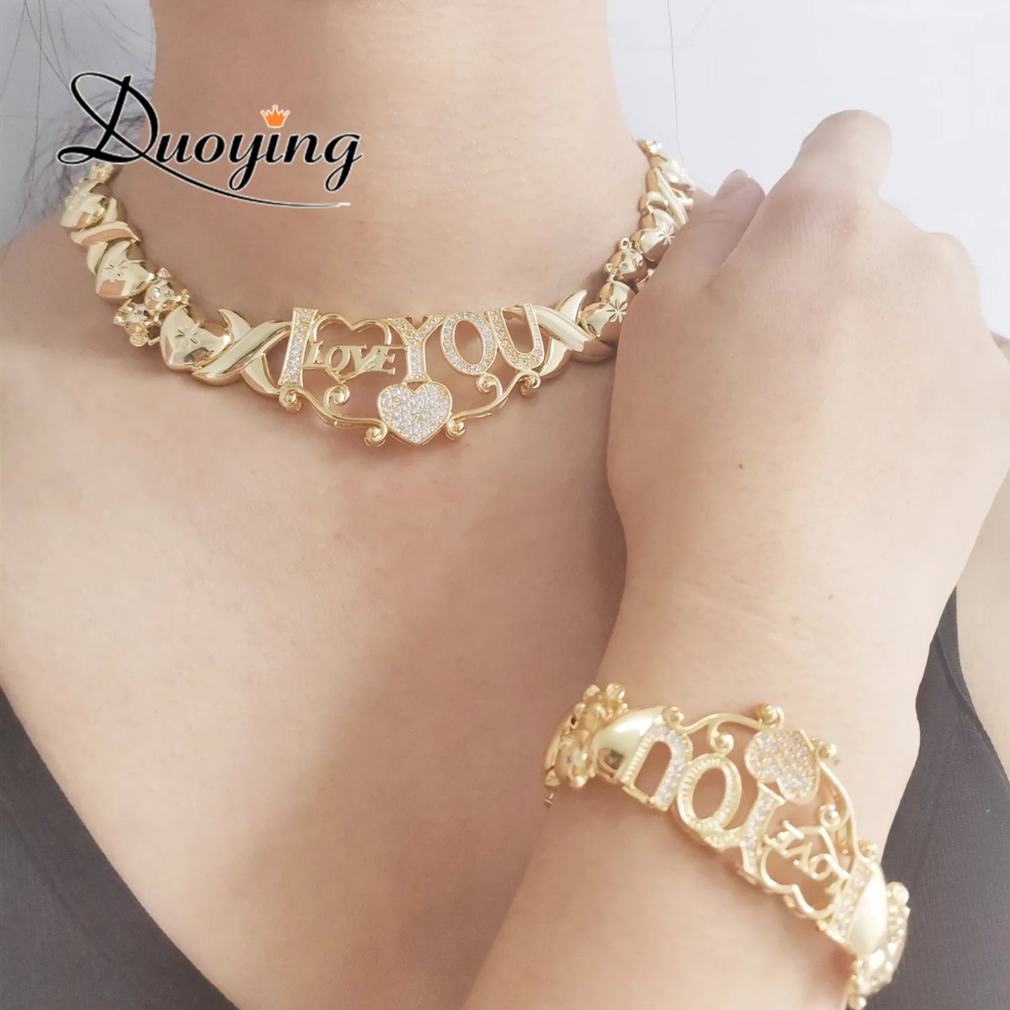 DUOYING Heart Charm Letter Choker Zircon Pave Necklaces I Love You Crystal XOXO Necklace Bubble Pendant Necklace Jewelry Set