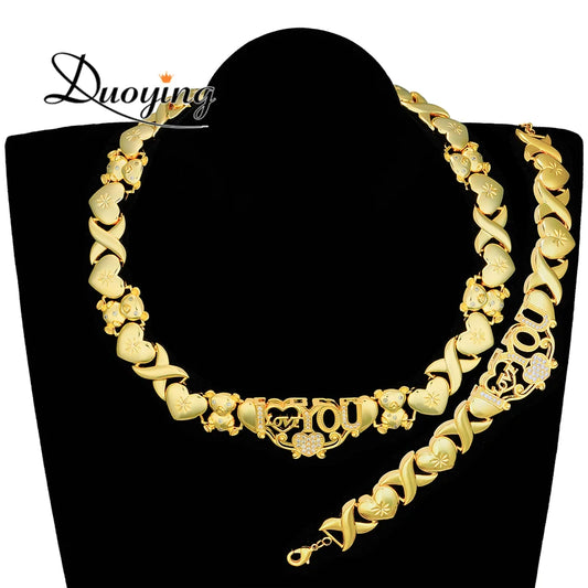 DUOYING Heart Charm Letter Choker Zircon Pave Necklaces I Love You Crystal XOXO Necklace Bubble Pendant Necklace Jewelry Set