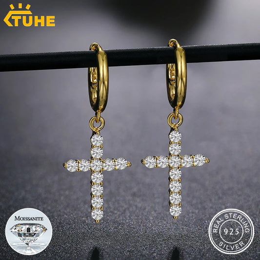 Religion Women Moissanite Cross Earrings 925 Sterling Silver