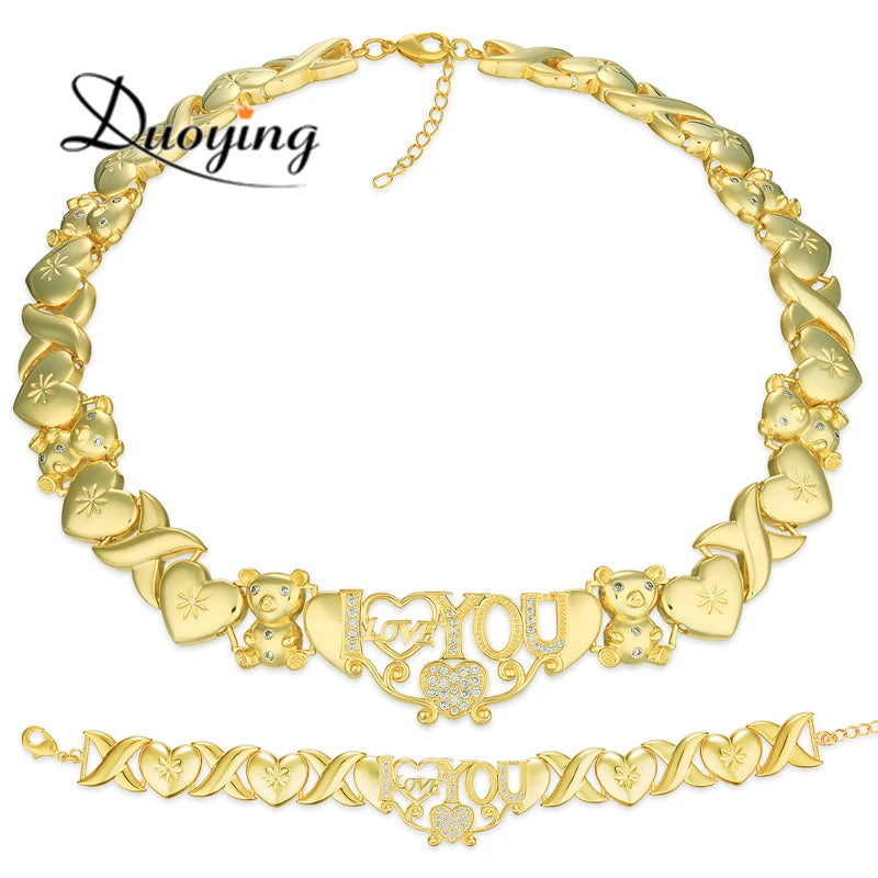 DUOYING Heart Charm Letter Choker Zircon Pave Necklaces I Love You Crystal XOXO Necklace Bubble Pendant Necklace Jewelry Set