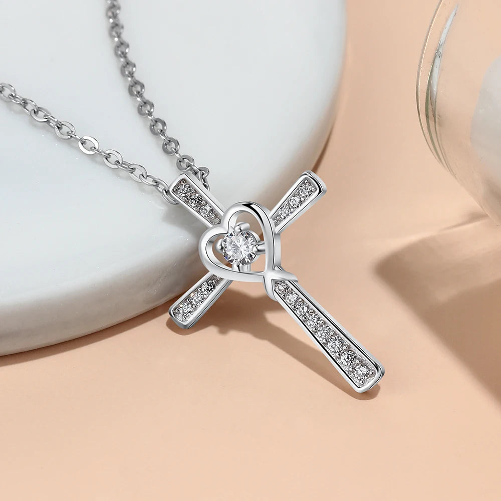 Classic 925 Sterling Silver Heart Cross Necklace