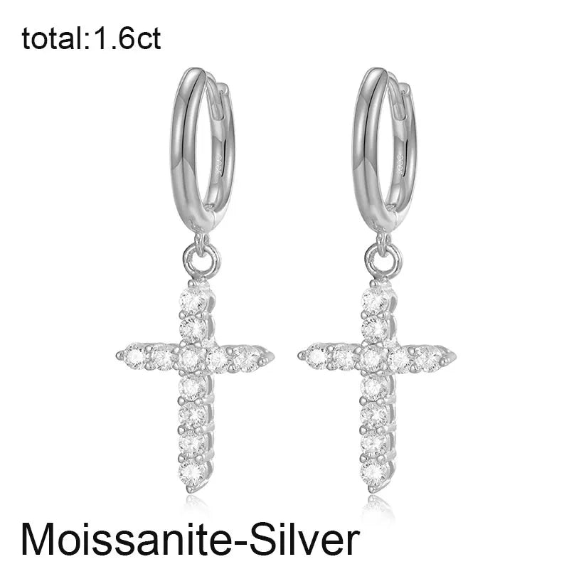 Religion Women Moissanite Cross Earrings 925 Sterling Silver