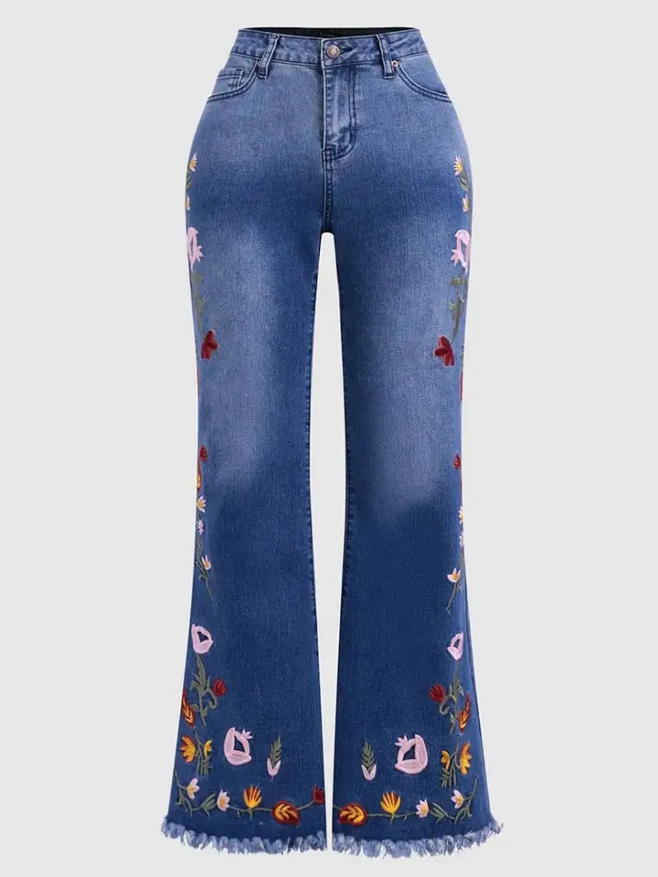Floral Print High Waist Stretch Denim Flare Slim Fit