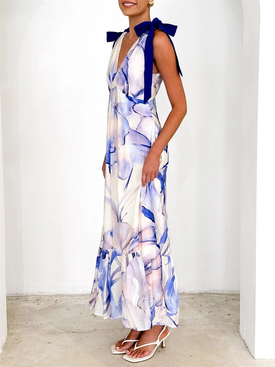 Elegant Floral Print Sleeveless V Neck Maxi Dress with Open Back and Spaghetti Straps