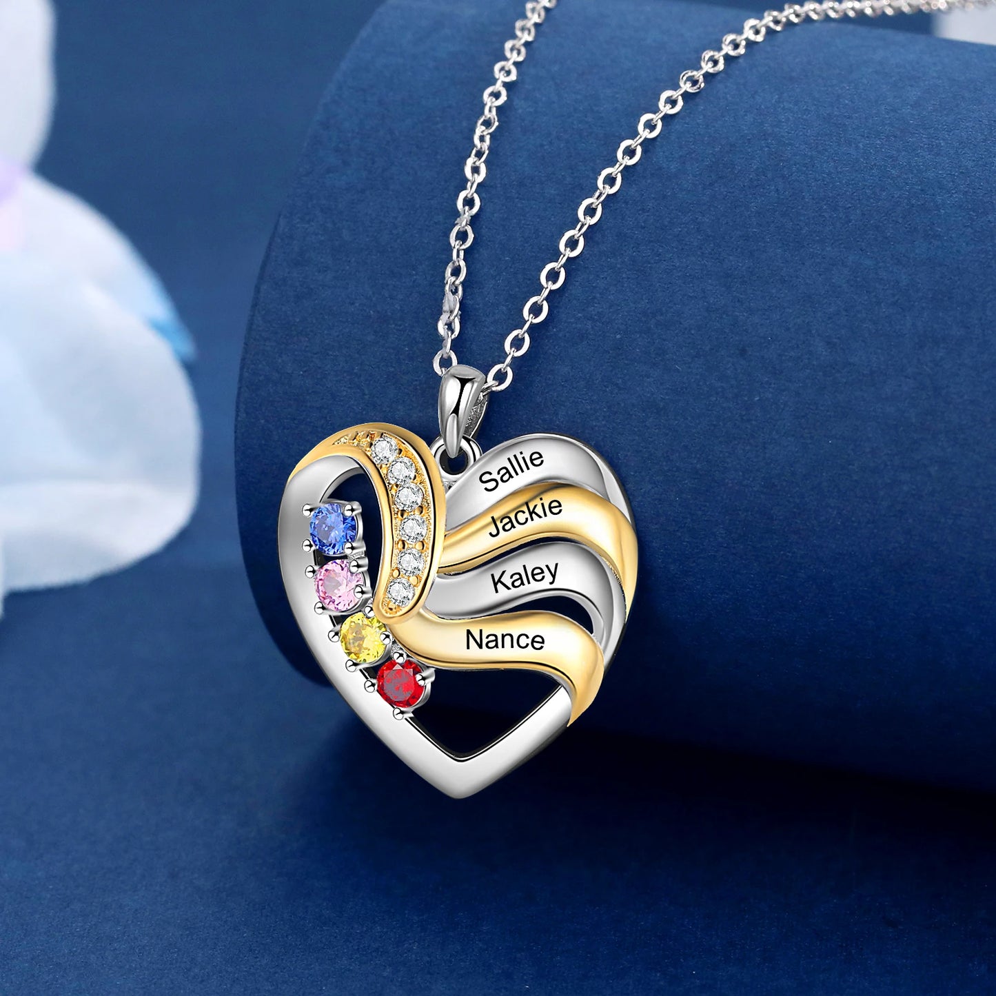 Personalized Love Heart Pendants Necklace 1-5 Kids Names