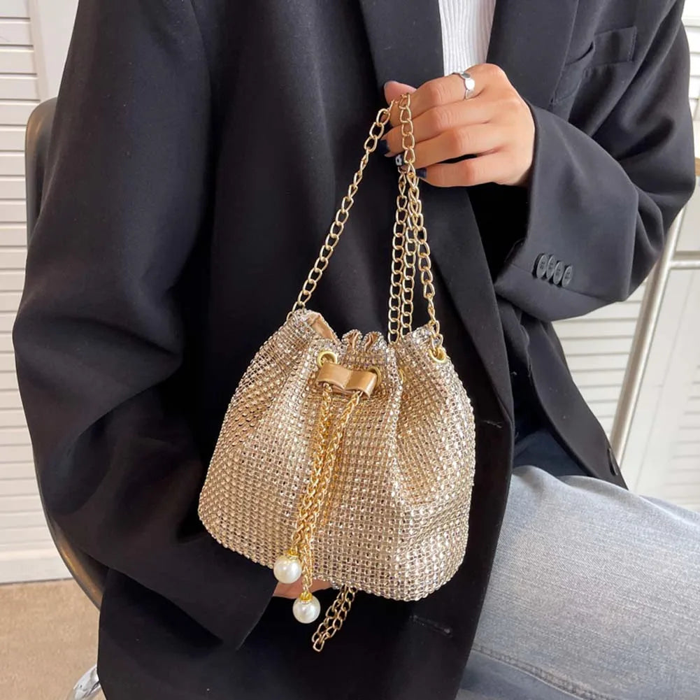 Women Glittering Satchel Bag Solid Color Rhinestone Shinny Sling Purse Drawstring Bling Bucket Bag Female Dating Bag