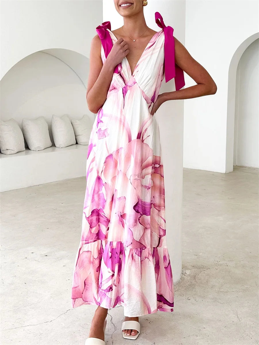 Elegant Floral Print Sleeveless V Neck Maxi Dress with Open Back and Spaghetti Straps