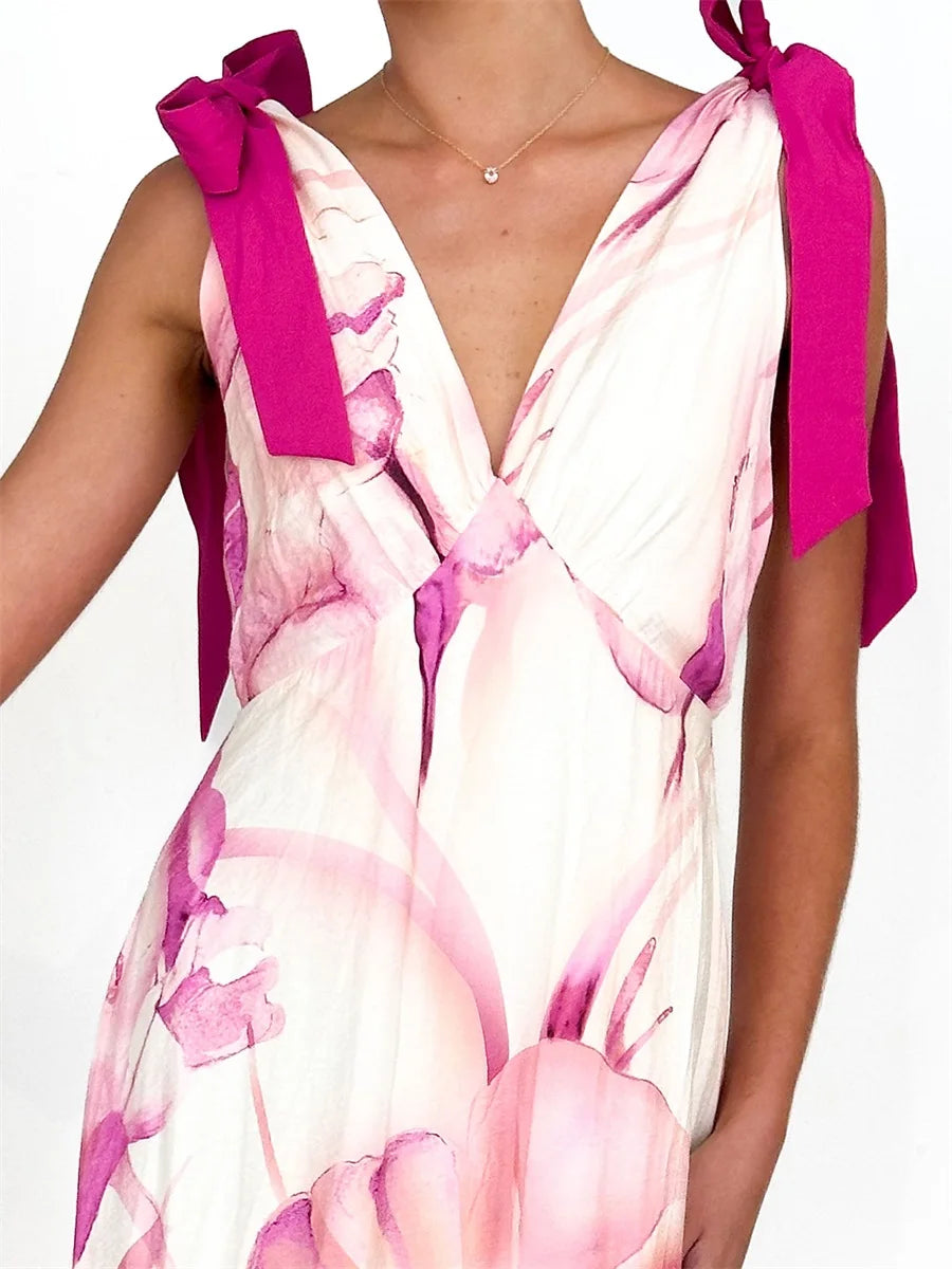 Elegant Floral Print Sleeveless V Neck Maxi Dress with Open Back and Spaghetti Straps