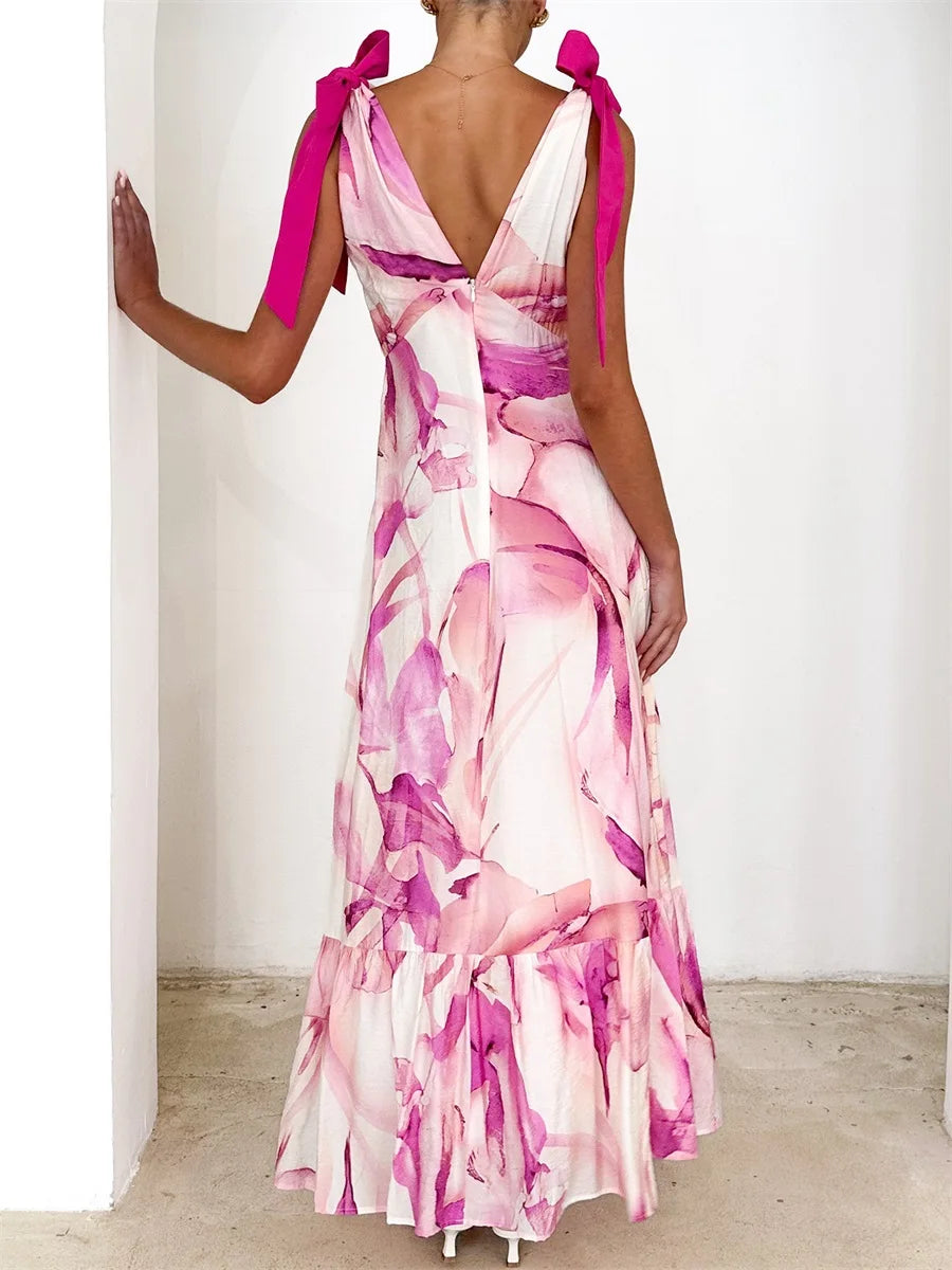 Elegant Floral Print Sleeveless V Neck Maxi Dress with Open Back and Spaghetti Straps
