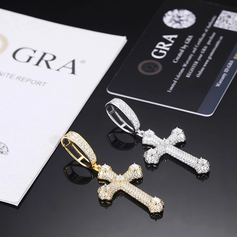 Unisex S925 Cross Pendant Necklace Iced Out Moissanite Gold Silver Color Charm