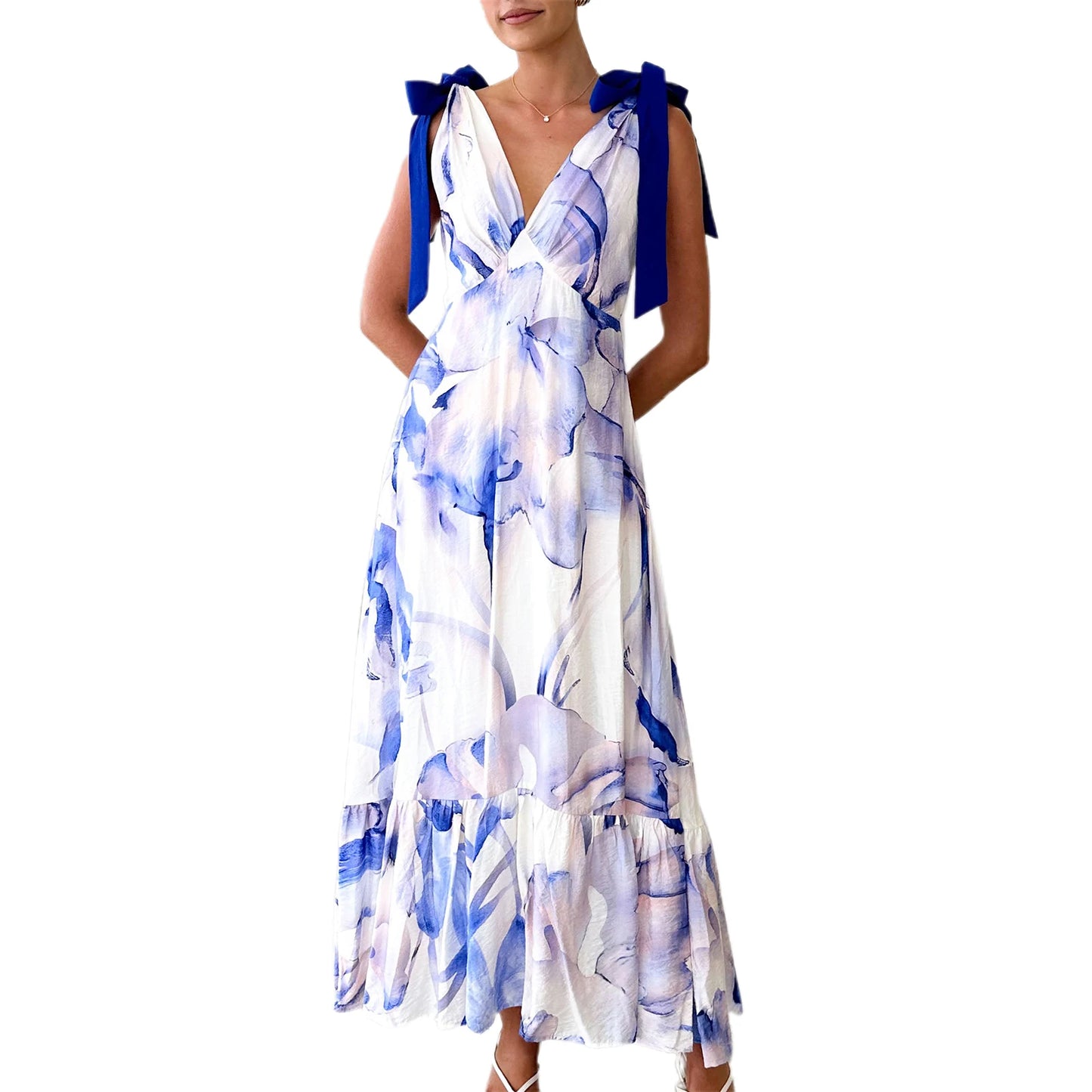 Elegant Floral Print Sleeveless V Neck Maxi Dress with Open Back and Spaghetti Straps