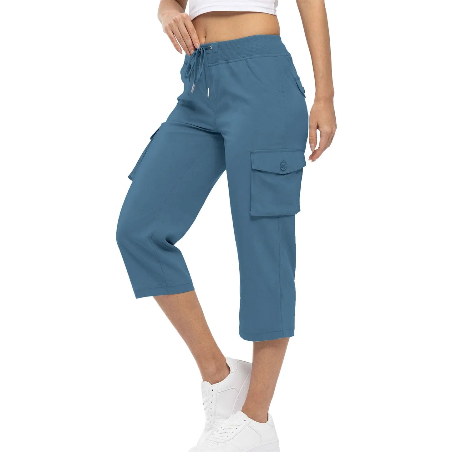 Women Cargo Capris Hiking Pants High Waisted Drawstring