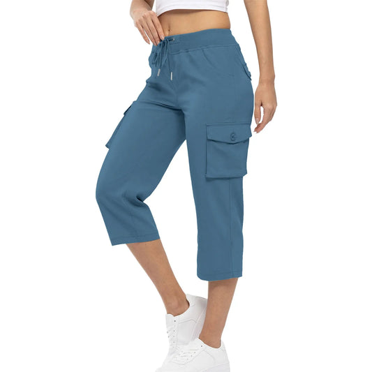 Women Cargo Capris Hiking Pants High Waisted Drawstring
