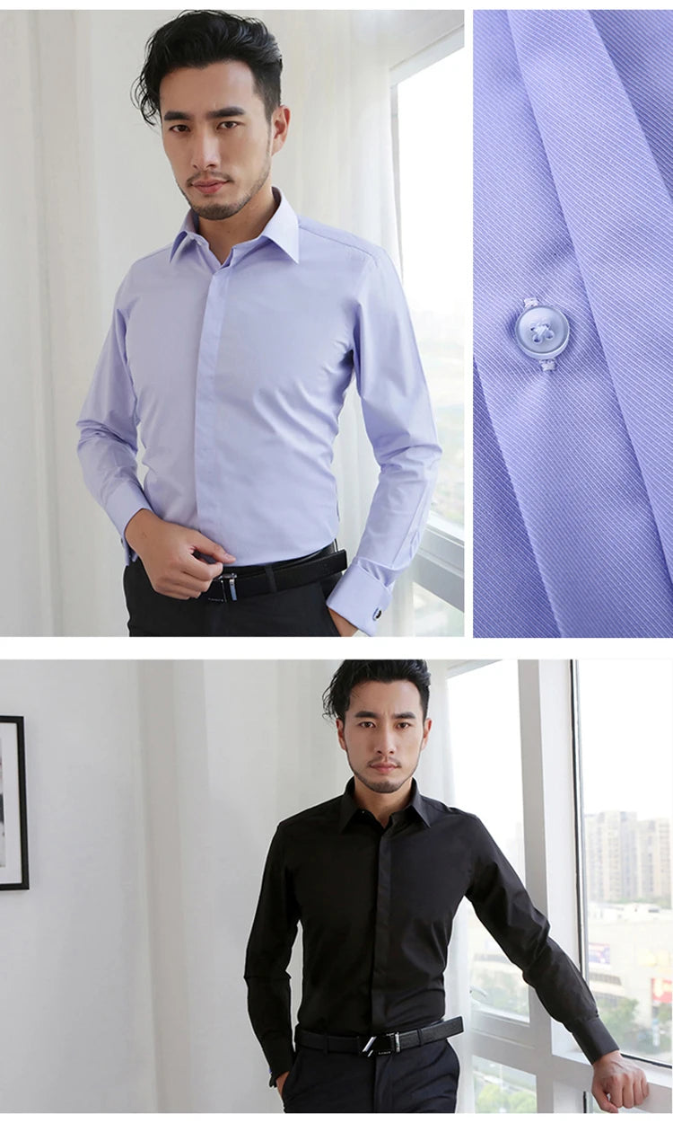 Men's Covered Buttons Placket French Cuffs Dress Shirt