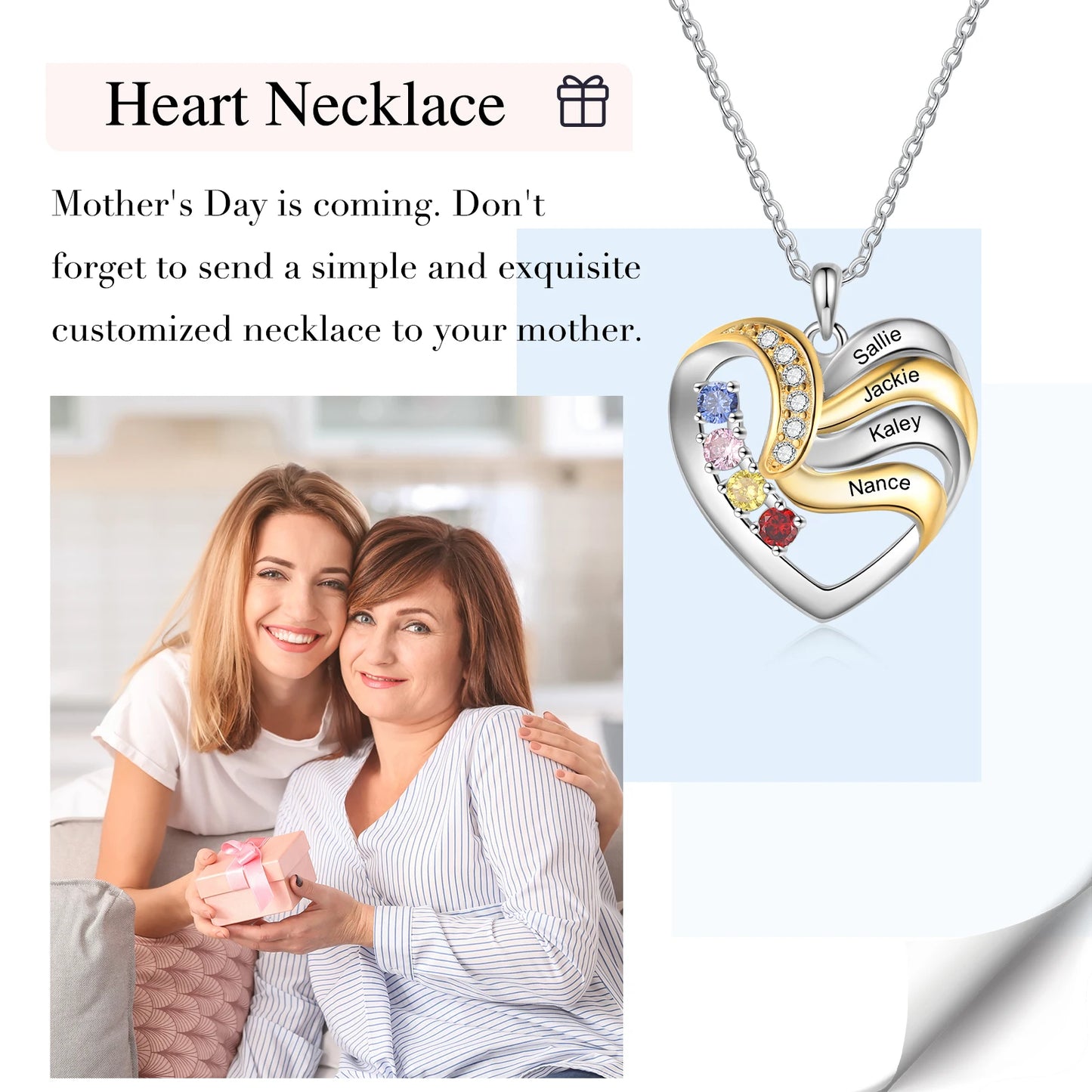 Personalized Love Heart Pendants Necklace 1-5 Kids Names
