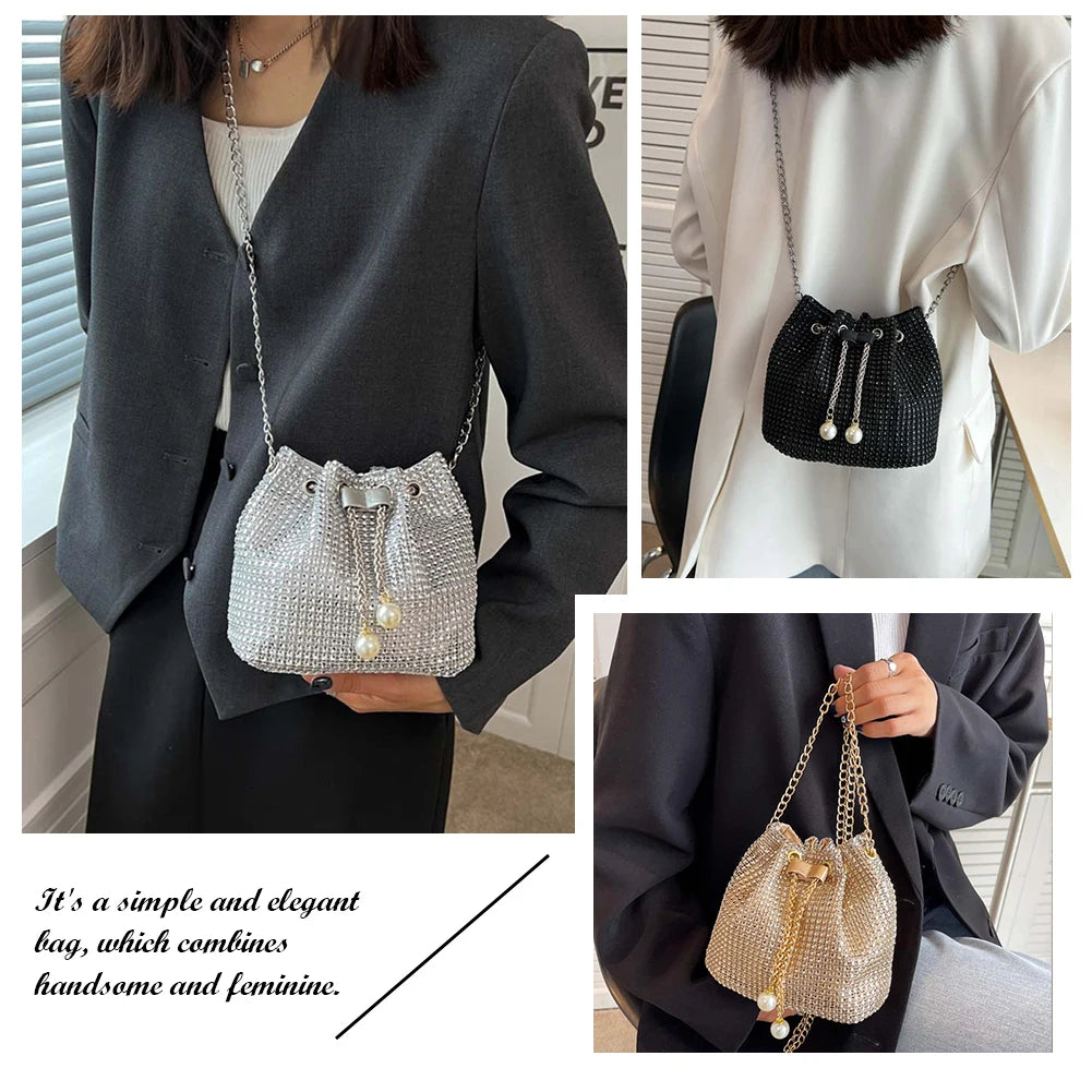 Women Glittering Satchel Bag Solid Color Rhinestone Shinny Sling Purse Drawstring Bling Bucket Bag Female Dating Bag