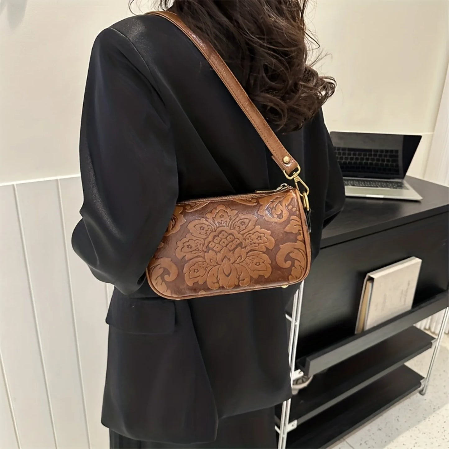 Retro Flower Embossed Crossbody Bag,