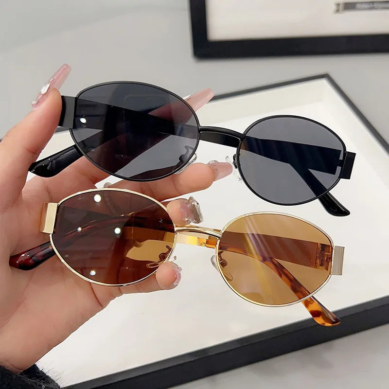 Retro Metal Frame Oval Sunglasses for Women Men