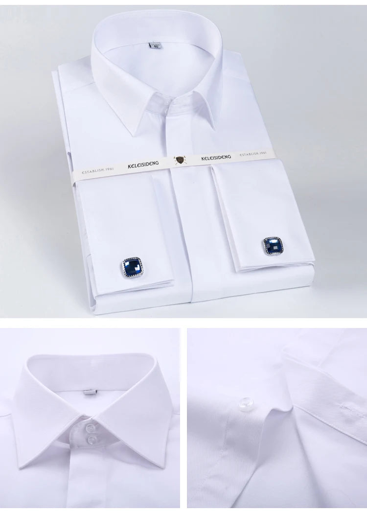 Men's Covered Buttons Placket French Cuffs Dress Shirt