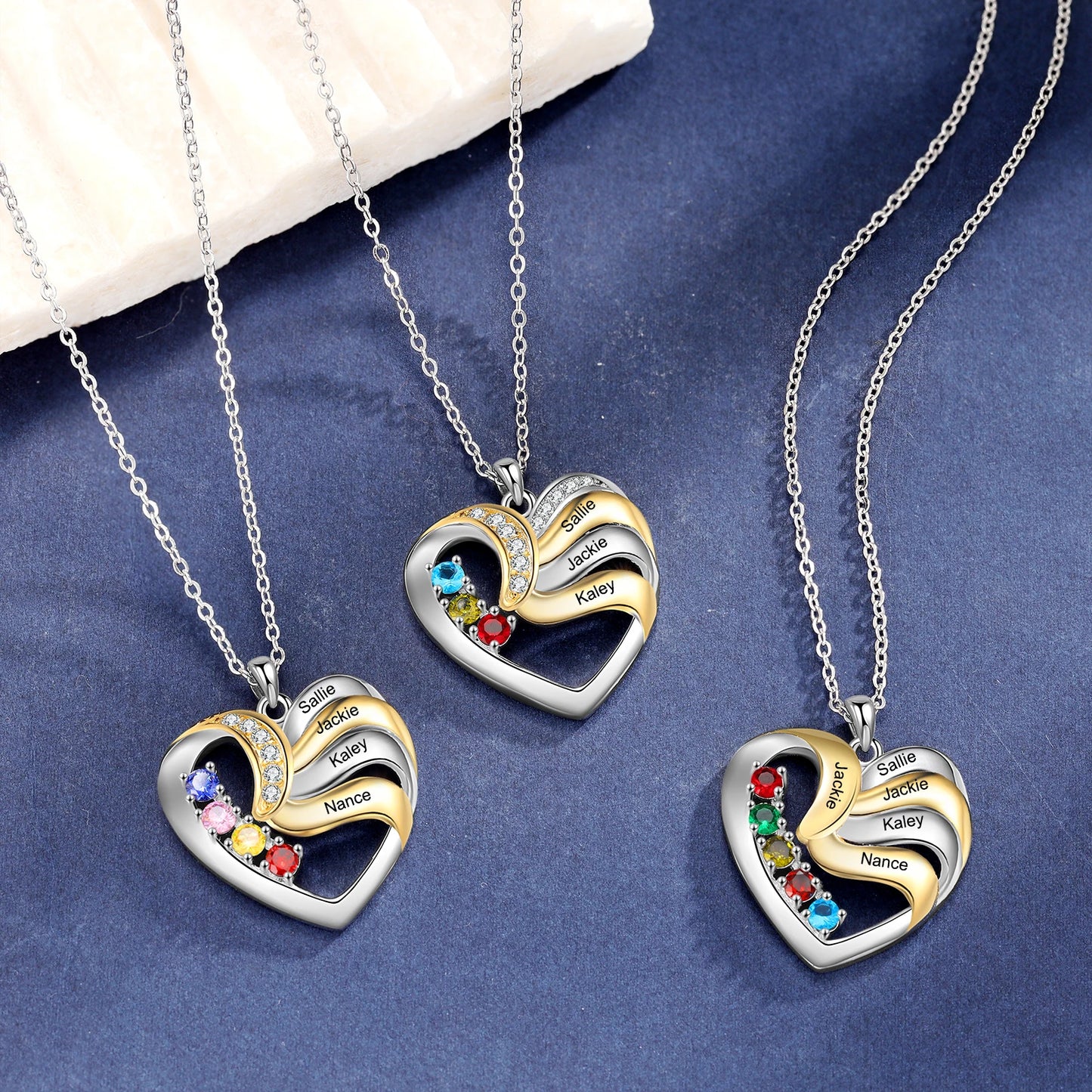 Personalized Love Heart Pendants Necklace 1-5 Kids Names