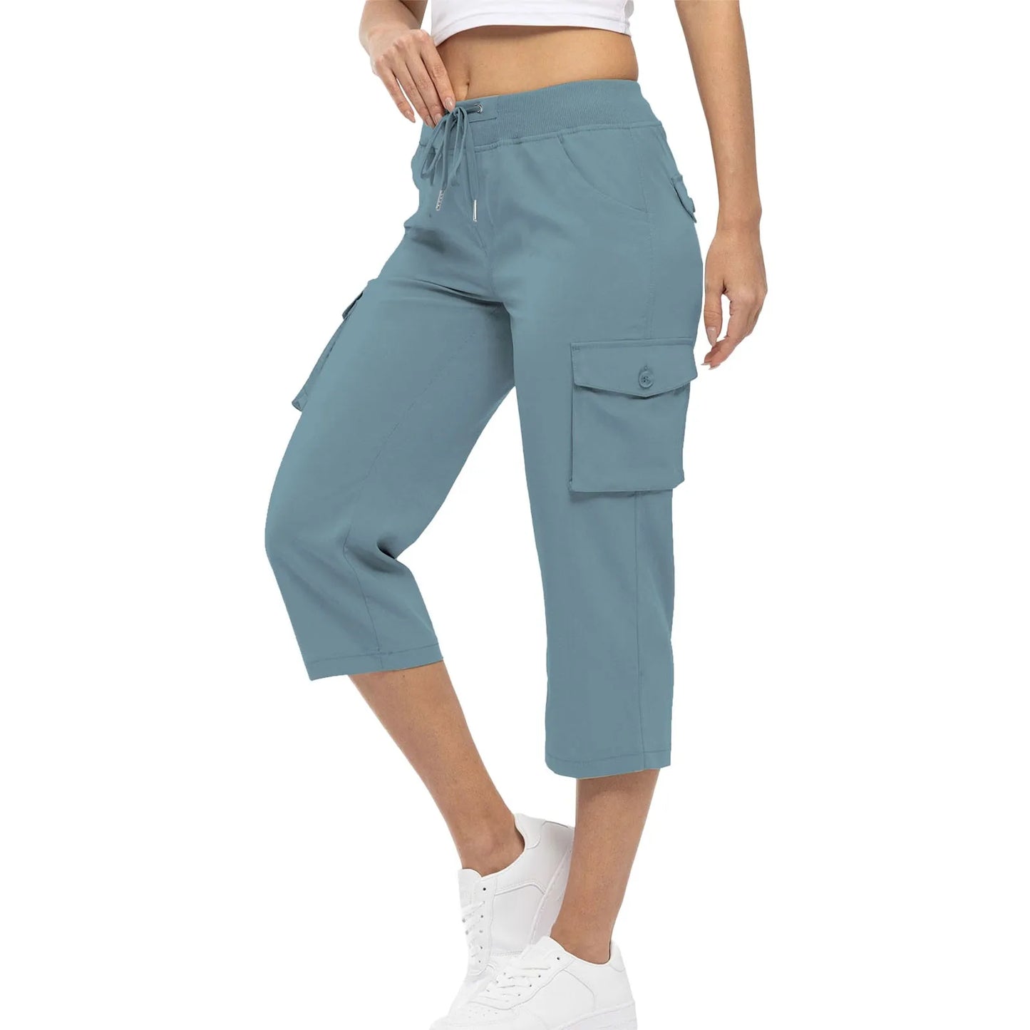 Women Cargo Capris Hiking Pants High Waisted Drawstring