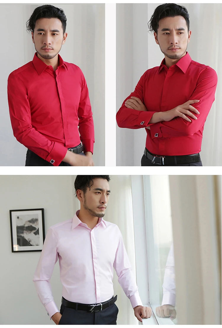 Men's Covered Buttons Placket French Cuffs Dress Shirt