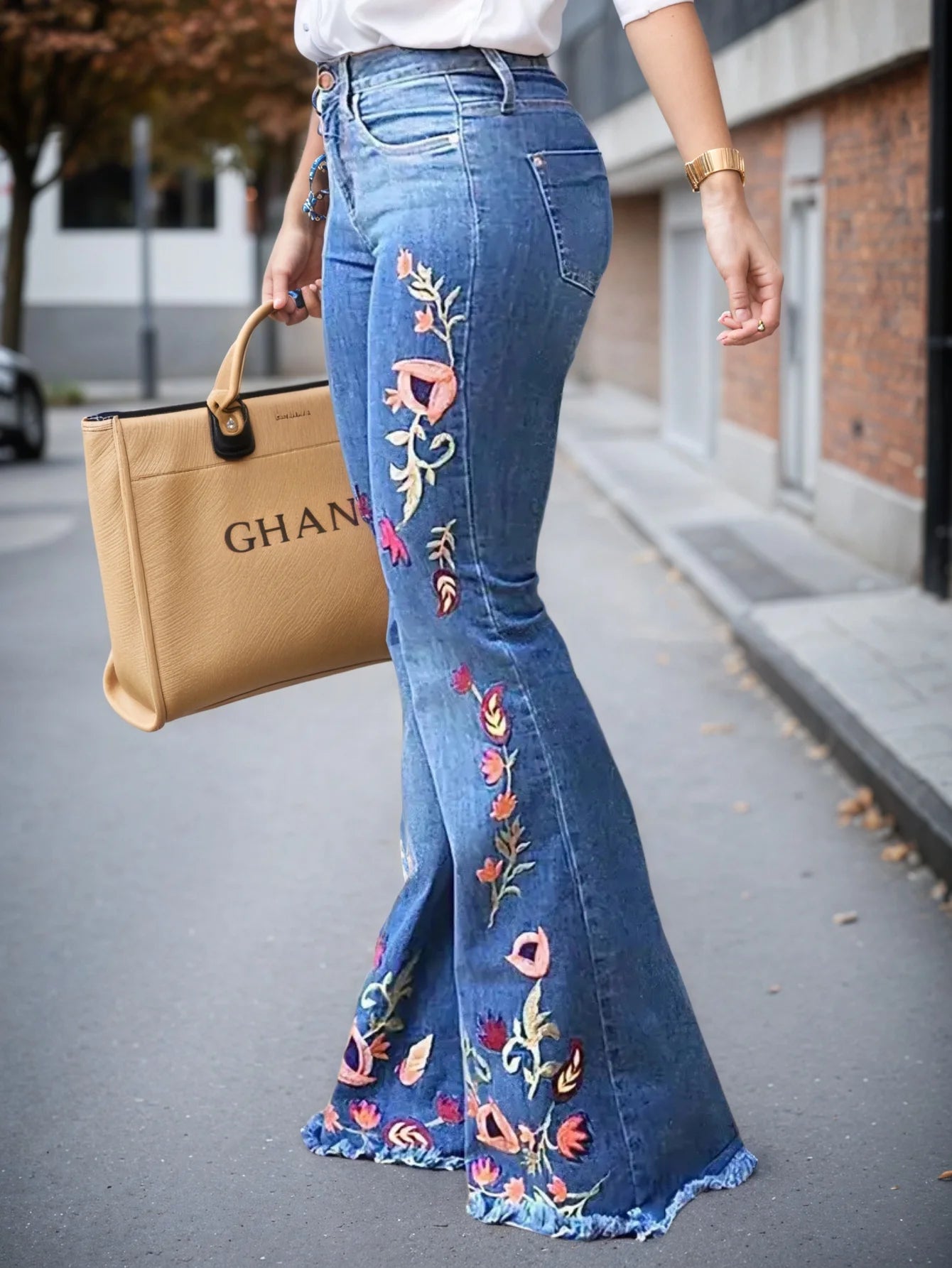 Floral Print High Waist Stretch Denim Flare Slim Fit