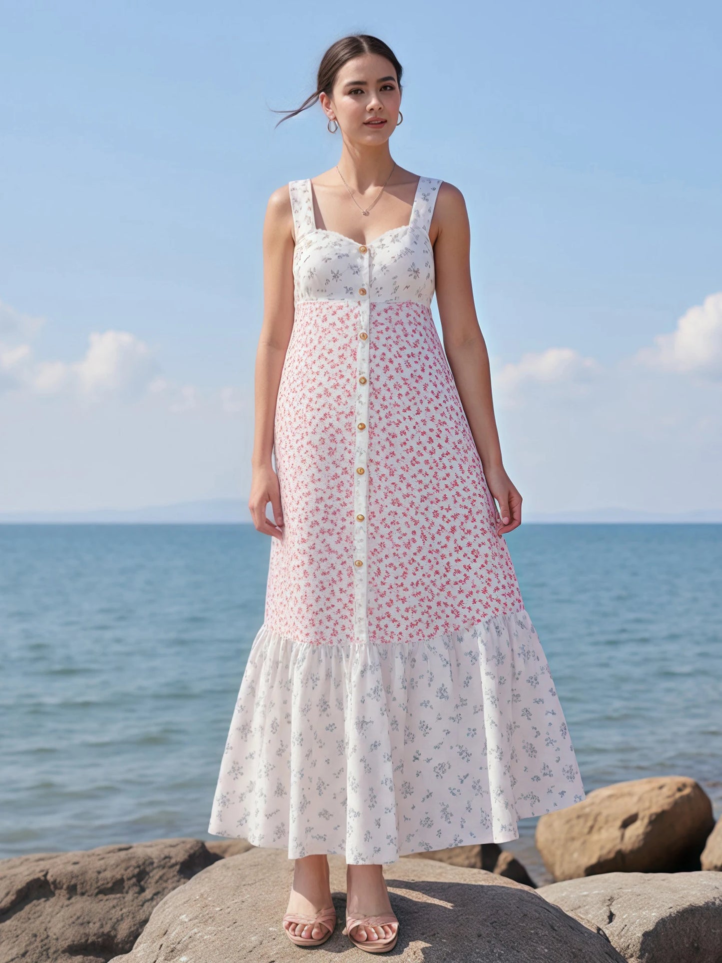 Women V-Neck Maxi Dress Sleeveless Floral Print Summer Dress with Ruffle Hem